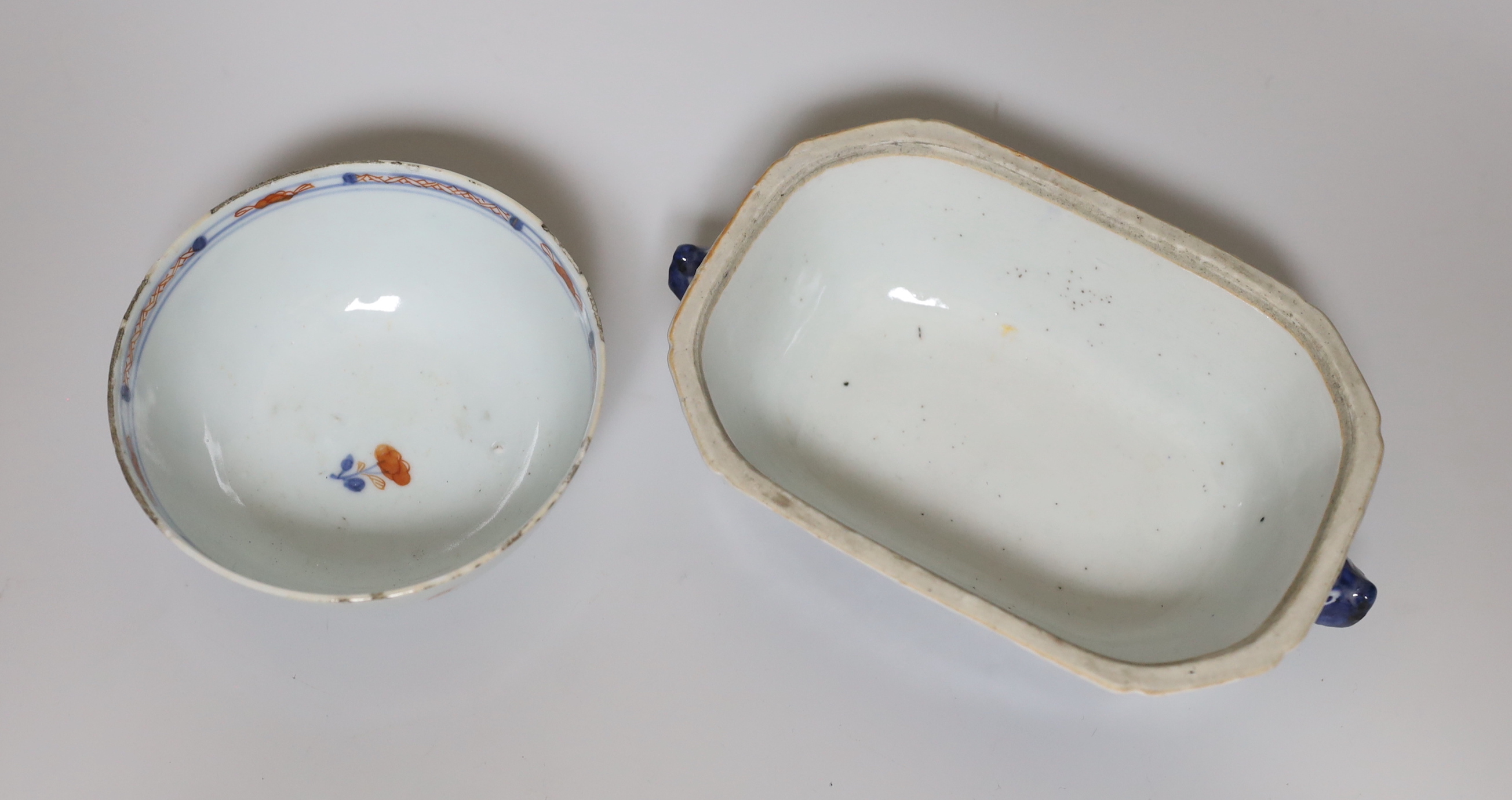 An 18th century Chinese export tureen (lacking cover) and an Imari pallet bowl (2)